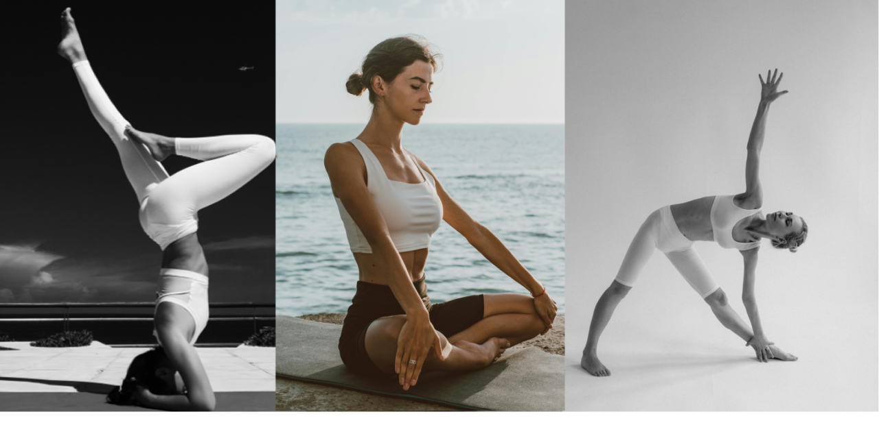 trzy kobiety praktykujące jogę: odwrócona pozycja na rękach (czarno-białe), medytacja nad morzem, pozycja trójkąta (czarno-białe). Strój sportowy: top i legginsy. Joga, fitness, medytacja, zdrowy styl życia